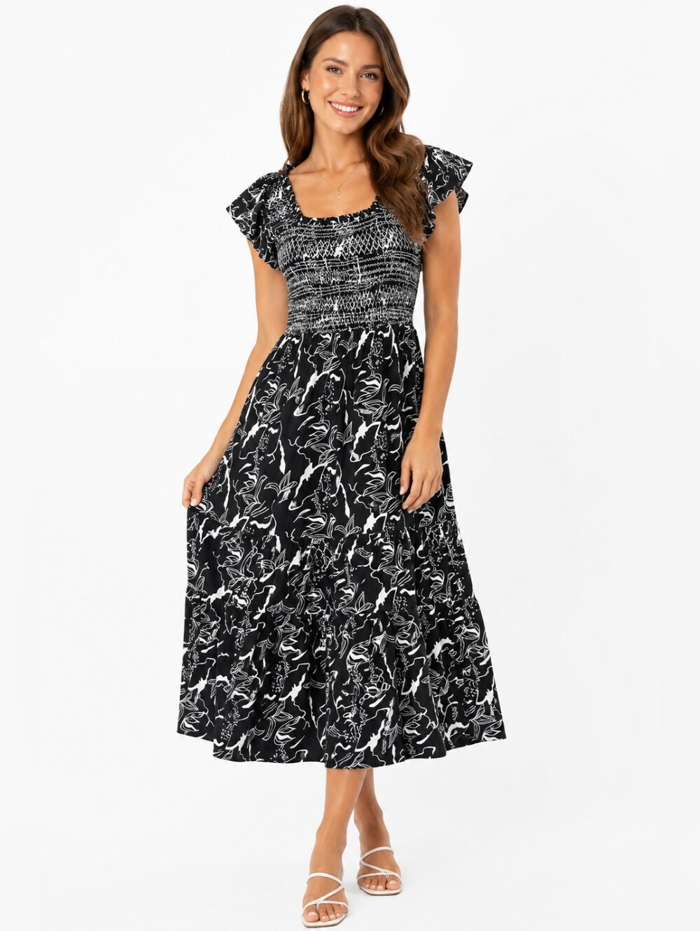 Calessa Dillard's XL Black White Floral Smocked Midi Dress Flutter Sleeve Boho